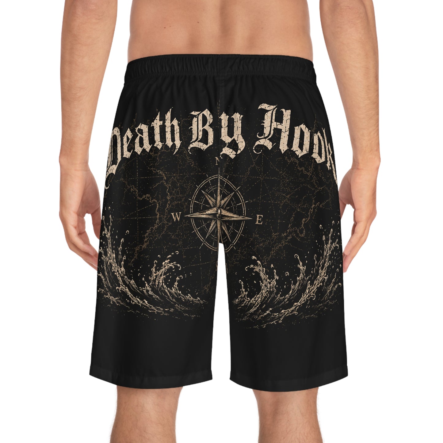 Board Shorts — 'Death By Hook' Saltwater Fishing Graphic Swim Trunks