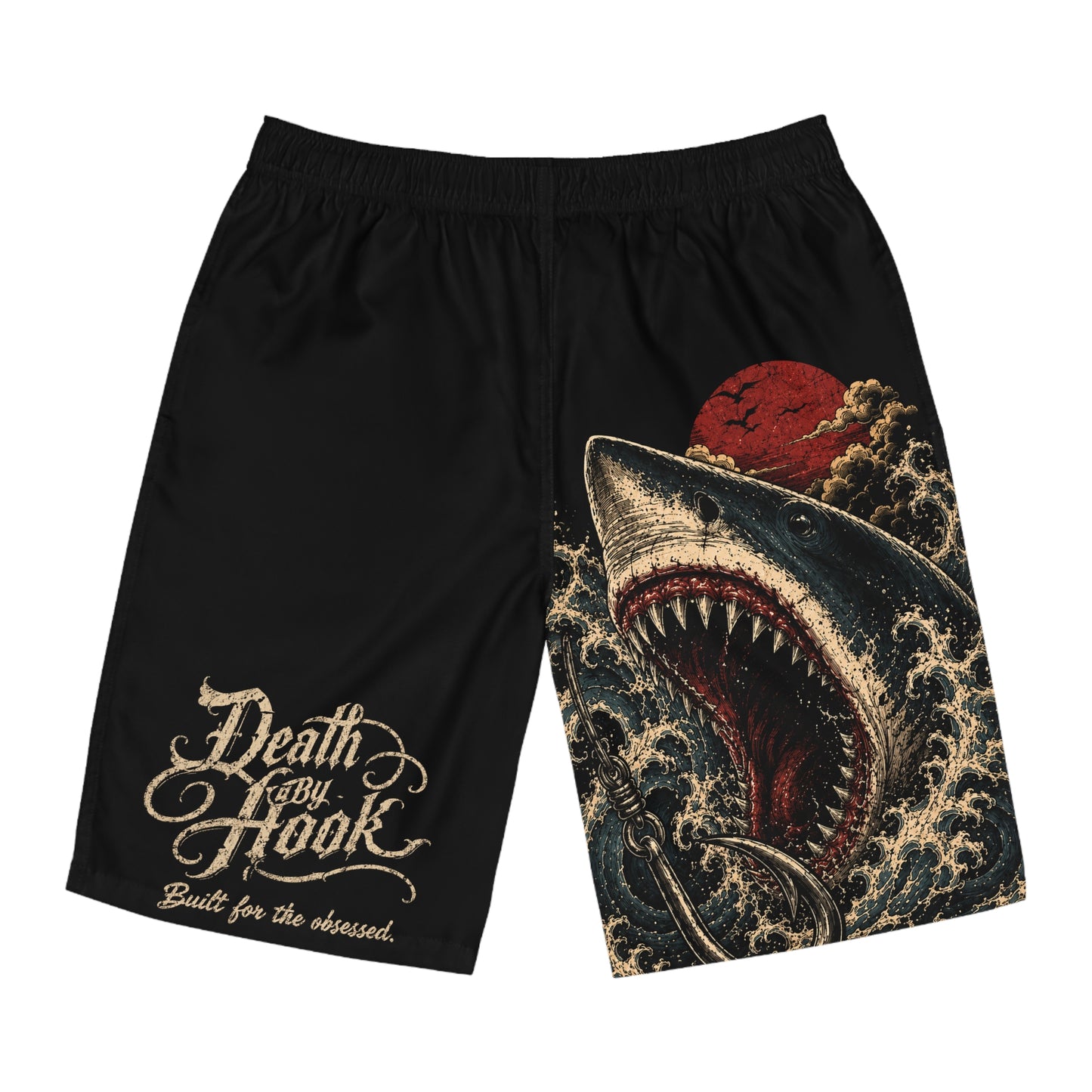 Men's Board Shorts - Death By Hook Shark Design | Perfect for Beach Days & Fishing Adventures