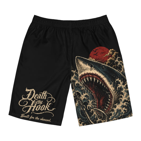 Men's Board Shorts - Death By Hook Shark Design | Perfect for Beach Days & Fishing Adventures