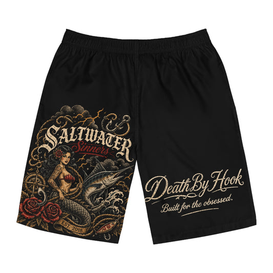 Board Shorts — 'Death By Hook' Saltwater Fishing Graphic Swim Trunks