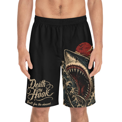 Men's Board Shorts - Death By Hook Shark Design | Perfect for Beach Days & Fishing Adventures