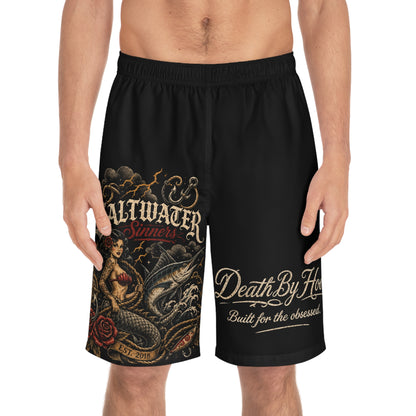 Board Shorts — 'Death By Hook' Saltwater Fishing Graphic Swim Trunks