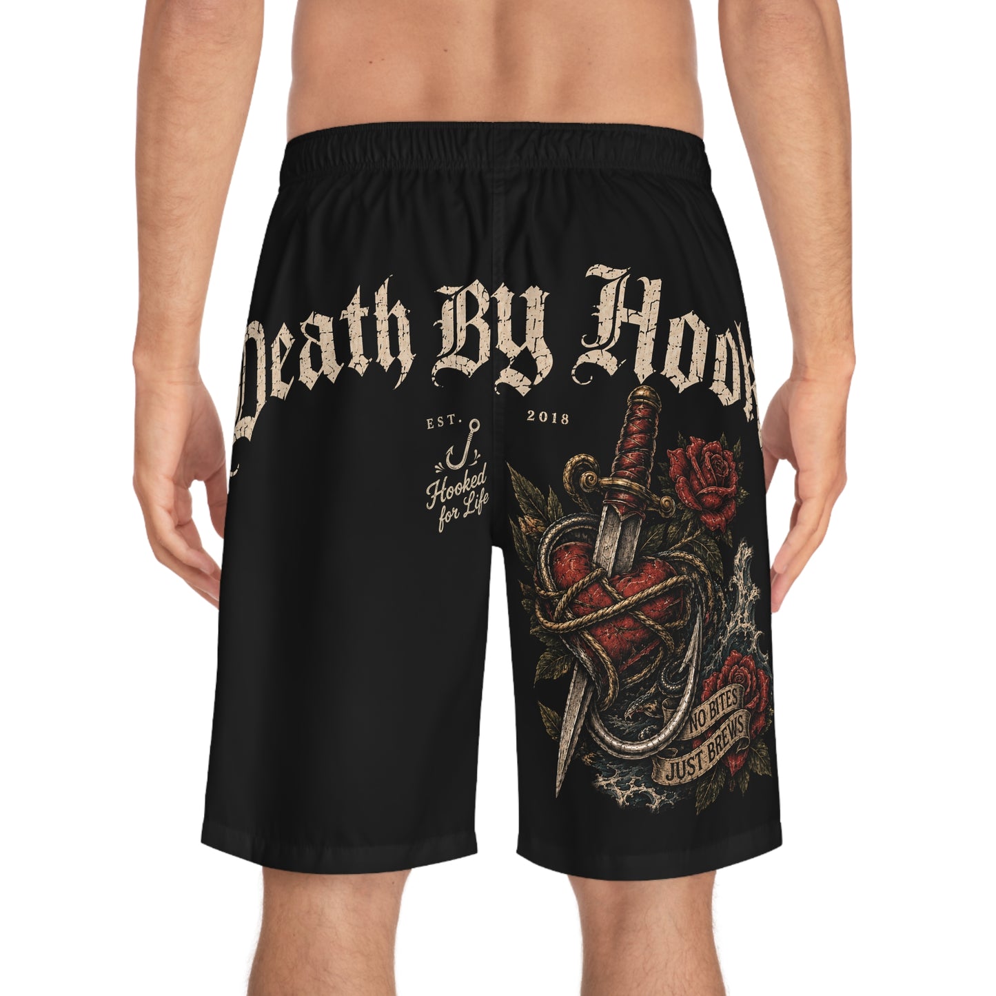 Men's Board Shorts - Death By Hook Shark Design | Perfect for Beach Days & Fishing Adventures