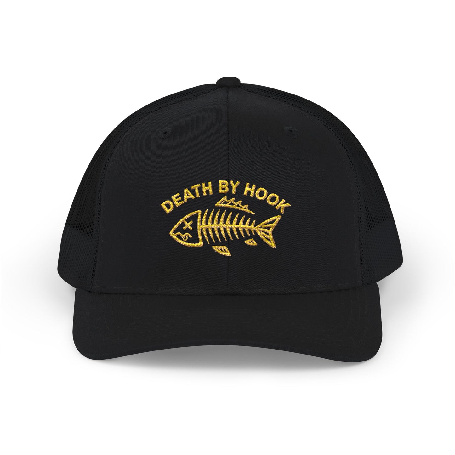 Fishing Trucker Cap — "Death By Hook" Embroidered Snapback