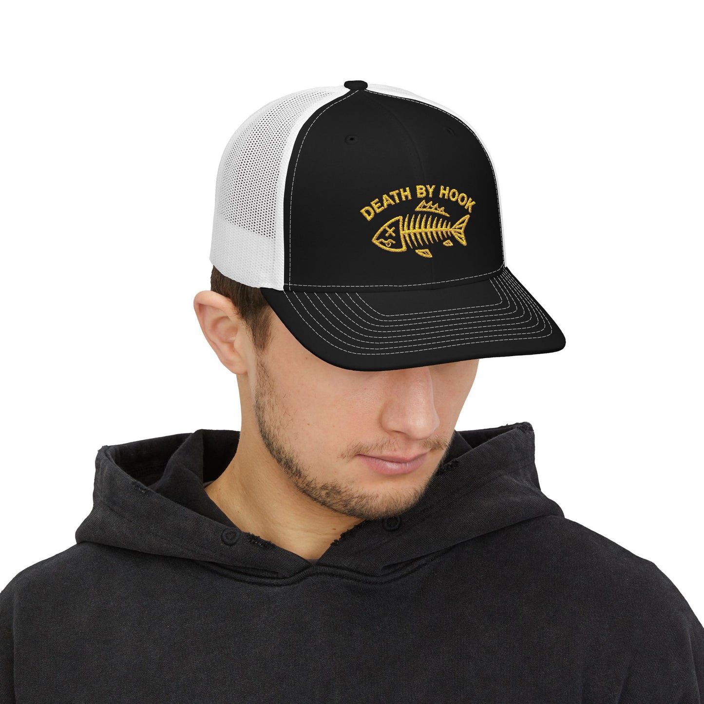 Fishing Trucker Cap — "Death By Hook" Embroidered Snapback