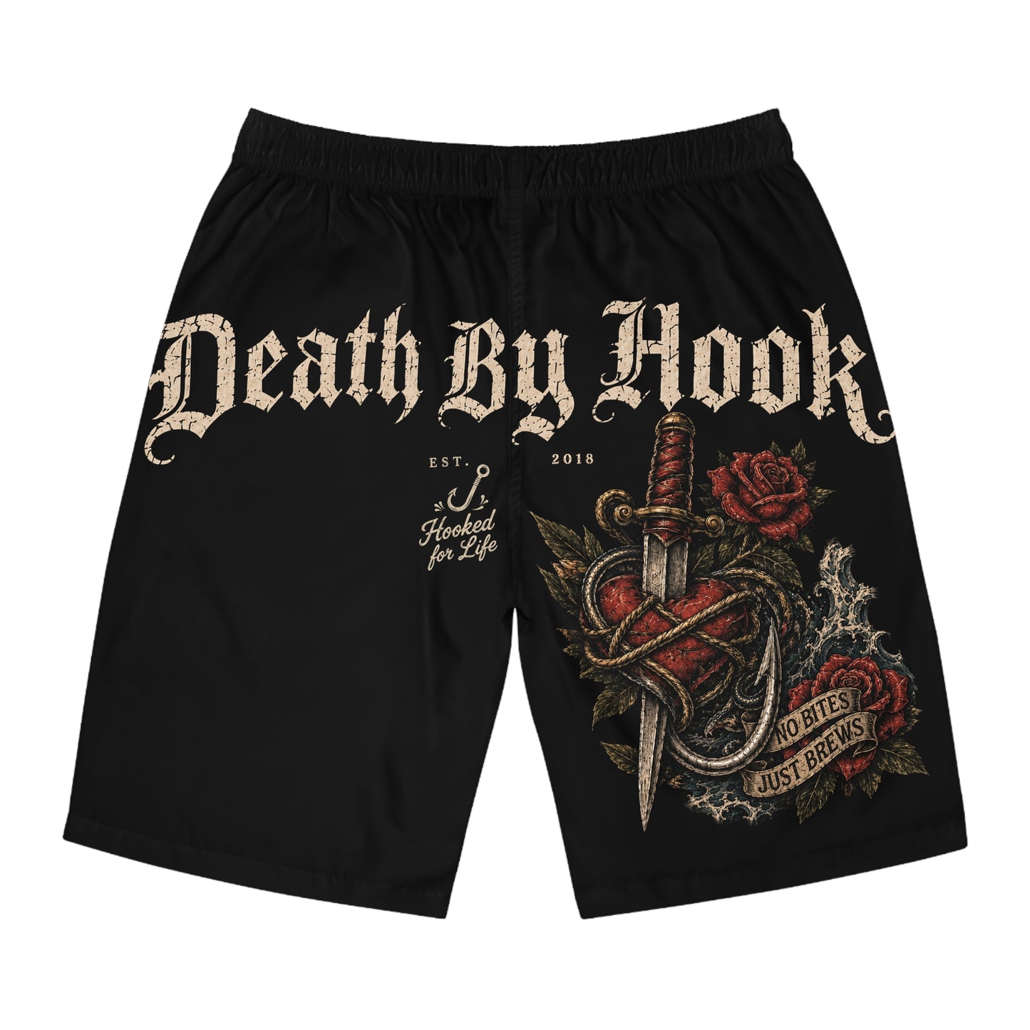 Men's Board Shorts - Death By Hook Shark Design | Perfect for Beach Days & Fishing Adventures
