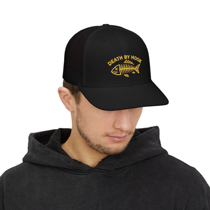 Fishing Trucker Cap — "Death By Hook" Embroidered Snapback