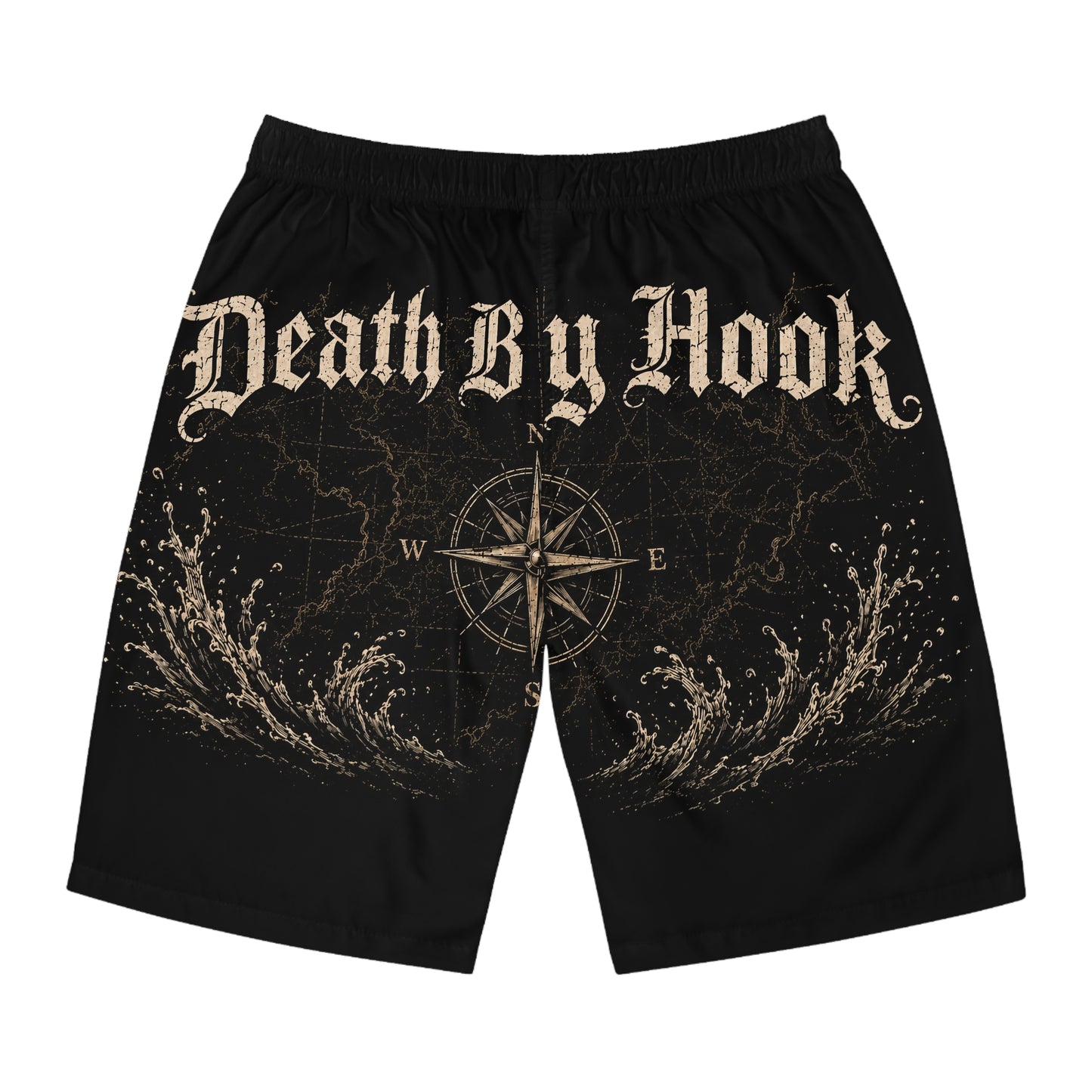 Board Shorts — 'Death By Hook' Saltwater Fishing Graphic Swim Trunks