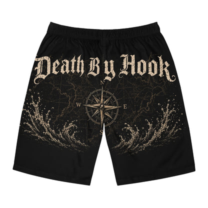 Board Shorts — 'Death By Hook' Saltwater Fishing Graphic Swim Trunks