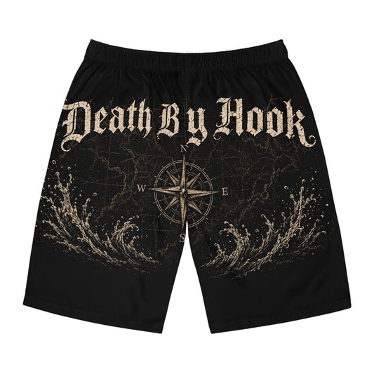 Board Shorts — 'Death By Hook' Saltwater Fishing Graphic Swim Trunks