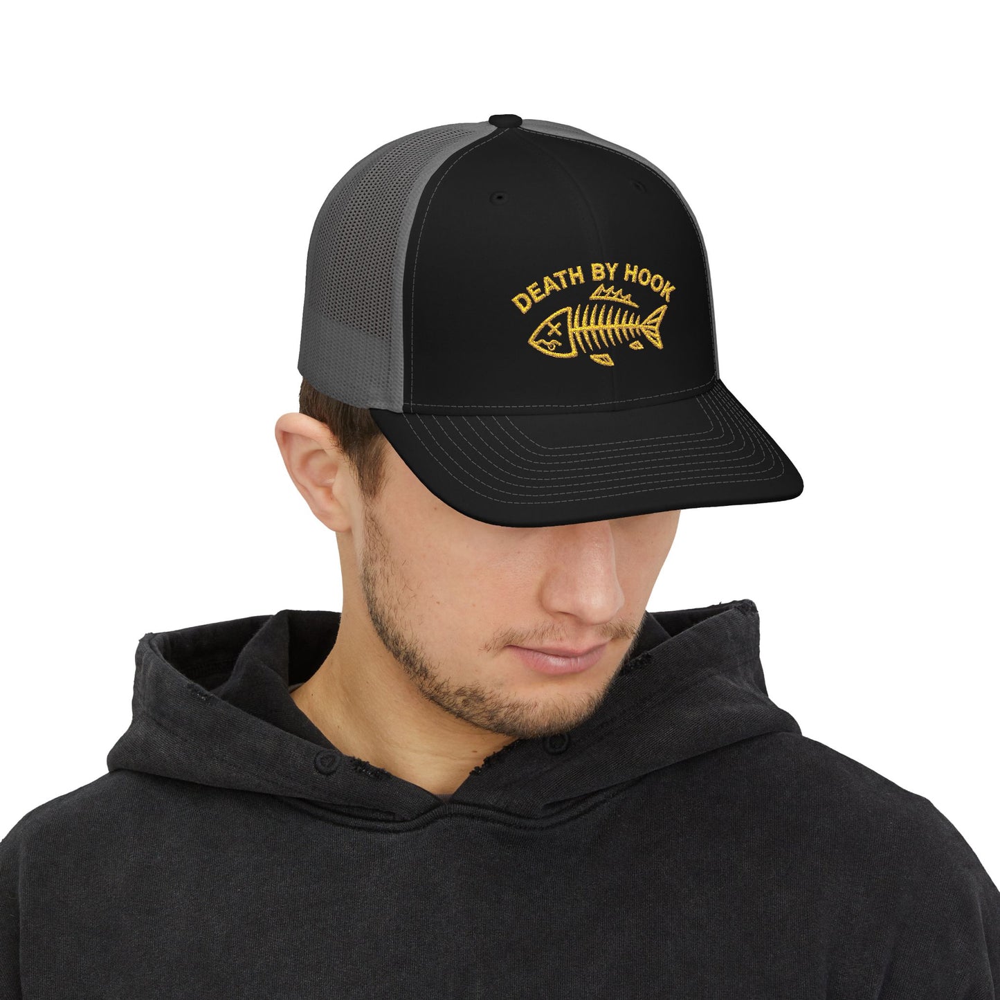 Fishing Trucker Cap — "Death By Hook" Embroidered Snapback